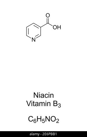 Niacina, struttura chimica dell'acido nicotinico e formula scheletrica. Un vitamero della vitamina B3. Nutriente umano essenziale. Supplemento dietetico e farmaco. Foto Stock