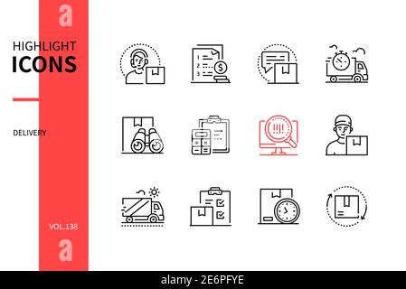 Consegna - Set di icone di stile moderno. Idea logistica e trasporto. Supporto, listino prezzi, richiesta, servizio espresso, stato, calcolo delle tariffe Illustrazione Vettoriale