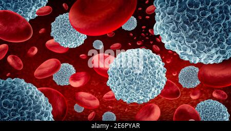 Globuli bianchi e linfociti immunoterapici con sangue come concetto del sistema immunitario attraverso l'immunologia come biologia microscopica. Foto Stock