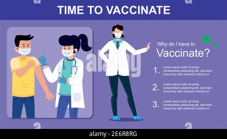 Tempo di vaccinare. Virus Corona, concetto di consapevolezza vaccinale Covid-19. Illustrazione piatta. Illustrazione Vettoriale