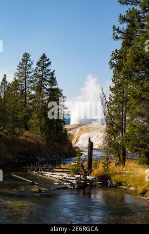 I geyser sono sorgenti termali calde con spazi ristretti nelle loro tubazioni, solitamente vicino alla superficie. Quando l'acqua sale, si forma del vapore. Quantità enormi di vapore Foto Stock