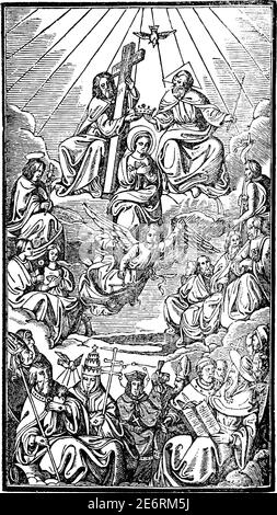 Dio o Signore e Gesù Cristo seduto sul trono sopra santi e chierici, papi, cardinali, vescovi e sacerdoti. Antico vettore vintage cristiana religiosa incisione o illustrazione di disegno. Illustrazione Vettoriale