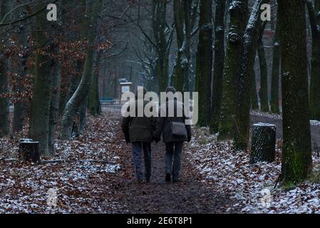 Una coppia va per una passeggiata mentre nevica, una coppia cammina nella neve, una leggera nevicata Foto Stock