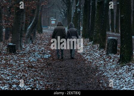 Una coppia va per una passeggiata mentre nevica, una coppia cammina nella neve, una leggera nevicata Foto Stock