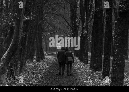 Una coppia va per una passeggiata mentre è nevicata, una coppia passeggiate nella neve, neve leggera, foto in bianco e nero Foto Stock