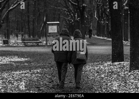 Una coppia va per una passeggiata mentre è nevicata, una coppia passeggiate nella neve, neve leggera, foto in bianco e nero Foto Stock