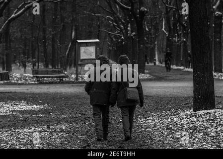 Una coppia va per una passeggiata mentre è nevicata, una coppia passeggiate nella neve, neve leggera, foto in bianco e nero Foto Stock