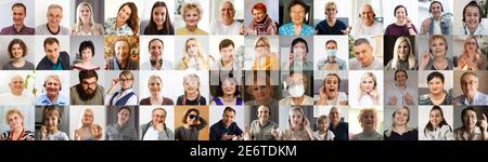Persone multietniche di età diversa guardando fotocamera collage mosaico banner orizzontale. Molti lotto di gente multirazziale di affari che sorridono i volti Foto Stock