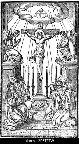 Monache e monaci pregano per Crocifisso Gesù Cristo sulla Croce. Antica incisione religiosa cristiana d'epoca o illustrazione di disegno. Illustrazione Vettoriale