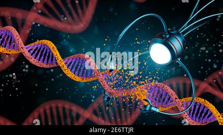 Concetto medico nel campo della nanotecnologia. Ingegneria genetica e uso di nanorobati per sostituire parte della molecola di DNA. Figura 3 D. Foto Stock