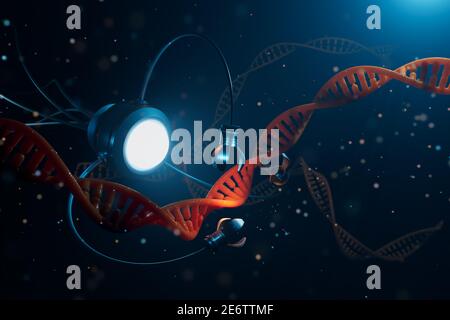 Concetto medico nel campo della nanotecnologia. Ingegneria genetica e uso di nanorobati per sostituire parte della molecola di DNA. Figura 3 D. Foto Stock