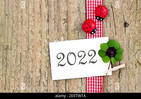 Tessera Capodanno per il 2022 con trifoglio e coccinelle Foto Stock
