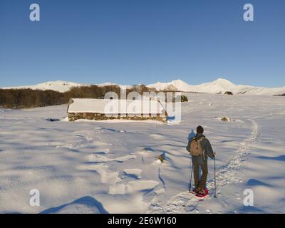 Francia, Puy de Dome, Chastreix, escursione con racchette da neve nella valle Fontaine Salee, Parc Naturel Regional des Volcans d'Auvergne (Parco Naturale Regionale dei Vulcani d'Auvergne), Massif du Sancy, Riserva Naturale di Chastreix Sancy Foto Stock