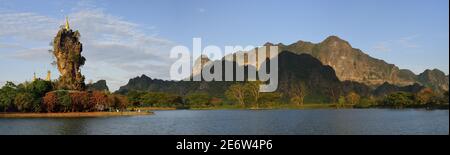 Myanmar (Birmania), Kayin (Karen) state, hPa-an, Kyauk Kalap pagoda e Monte Zwegabin (722 m) Foto Stock