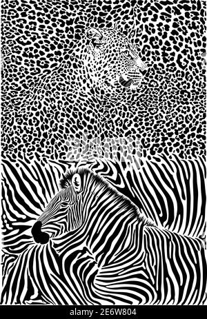 Leopardo e zebra con sfondo Illustrazione Vettoriale