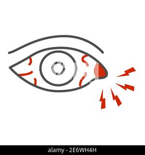 Dolore oculare e infezione icona linea sottile, malattia e concetto di lesione, occhi irritati segno su sfondo bianco, arrossamento degli occhi icona in stile contorno per Illustrazione Vettoriale