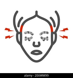 Icona della linea del dolore del tempio, concetto di assistenza sanitaria, segno di emicrania su sfondo bianco, testa umana con icona del fulmine in stile outline per il concetto mobile e. Illustrazione Vettoriale