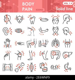 Insieme di icone della linea del dolore corporeo, dolore nella raccolta di simboli del corpo umano o schizzi. Parti del corpo maschio segni di stile lineare per web e app. Grafica vettoriale Illustrazione Vettoriale