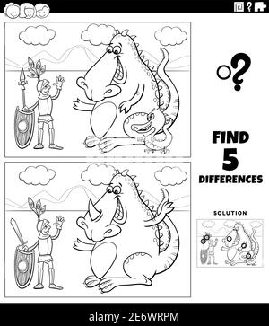 Cartoni animati in bianco e nero illustrazione di trovare le differenze tra immagini gioco educativo con caratteri fantasy cavaliere e drago da colorare b Illustrazione Vettoriale
