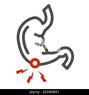 Icona della linea di dolore gastrico, concetto di problemi di salute, segno di mal di stomaco su sfondo bianco, icona dello stomaco umano malato in stile di contorno per il concetto mobile Illustrazione Vettoriale