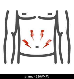 Icona della linea di mal di stomaco, concetto sanitario, persona con sintomo di dolore nello stomaco segno su sfondo bianco, dolore nell'icona della pancia in stile contorno per Illustrazione Vettoriale