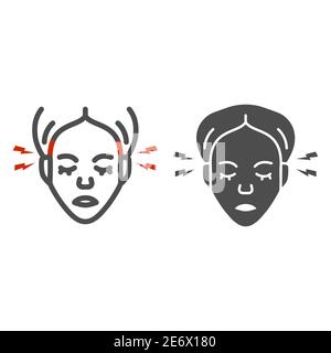 Linea del dolore del tempio e icona solida, concetto di salute, segno di emicrania su sfondo bianco, testa umana con icona del fulmine in stile profilo per dispositivi mobili Illustrazione Vettoriale
