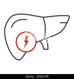 Dolore epatico icona linea sottile, concetto di problemi di salute, segno di fegato umano malato su sfondo bianco, danno al fegato, icona di cirrosi in stile contorno per Illustrazione Vettoriale