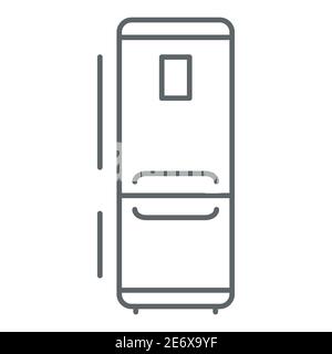Icona linea sottile frigorifero, concetto elettrodomestici cucina, segno frigorifero su sfondo bianco, icona frigorifero cucina in stile profilo per il concetto mobile e. Illustrazione Vettoriale