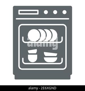 Icona di lavastoviglie, concetto di attrezzatura da cucina, simbolo della macchina lavastoviglie su sfondo bianco, icona lavastoviglie in stile glifo per il concetto mobile e. Illustrazione Vettoriale