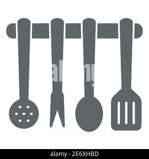 Utensili da cucina Set icona solida, concetto di elettrodomestici da cucina, strumenti di cottura segno su sfondo bianco, appeso utensili da cucina icona in stile glifo per Illustrazione Vettoriale