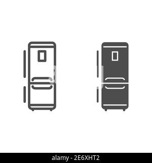 Linea frigo e icona solida, concetto elettrodomestici cucina, segno frigorifero su sfondo bianco, icona frigorifero cucina in stile profilo per il concetto di mobile Illustrazione Vettoriale