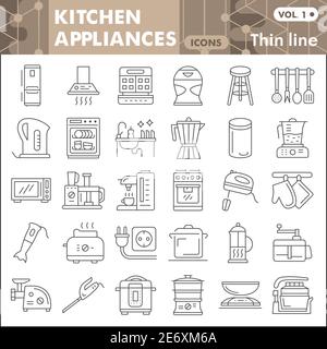 Elettrodomestici da cucina set di icone a linea sottile, utensili da cucina collezione di simboli o schizzi attrezzatura da cucina insegne di stile lineare per web e app. Vettore Illustrazione Vettoriale