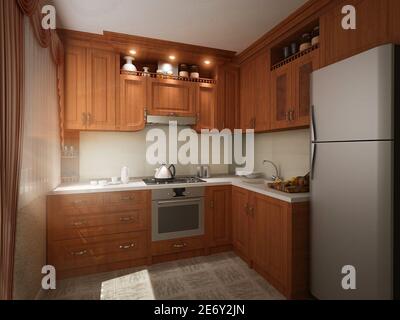 Design dell'armadio della cucina in stile coloniale classico. Interni con cucina ad angolo in colori tradizionali. illustrazione 3d per sfondo e presentazione Foto Stock