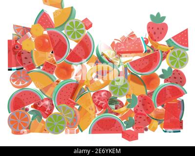illustrazione 3d di vari frutti in insalata di frutta che cadono in un contenitore di vetro. Frontalmente, con colori semitrasparenti vividi. Foto Stock