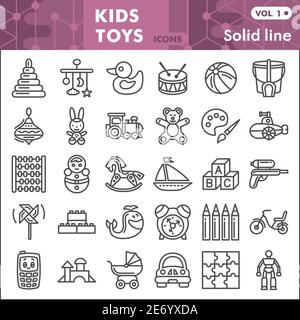 Set di icone della linea di giocattoli per bambini, collezione di simboli di giocattoli per bambini o schizzi. Cartelli lineari per giocattoli per web e app. Grafica vettoriale isolata in bianco Illustrazione Vettoriale