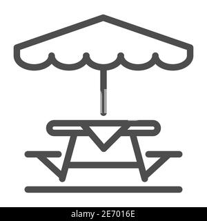 Tavolo da campeggio e panca con icona a ombrello, concetto di picnic, tavolo e panca fuori segno su sfondo bianco, tavolo esterno con icona ombrello in Illustrazione Vettoriale