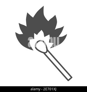 Icona della linea sottile della partita in fiamme, concetto di picnic, fiammifero con segno di fiamma su sfondo bianco, fiammifero in fiamme per icona in stile outline per Illustrazione Vettoriale