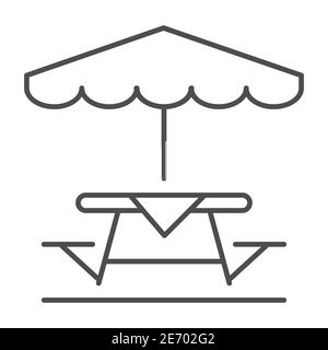Tavolo da campeggio e panca con ombrello icona linea sottile, concetto picnic, tavolo e panca esterno segno su sfondo bianco, tavolo esterno con ombrello Illustrazione Vettoriale