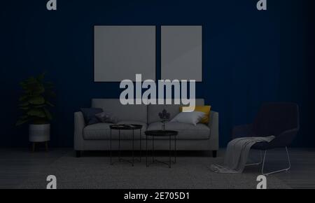 Rendering 3D di un salotto moderno con cornici vuote sulla parete per le immagini Foto Stock