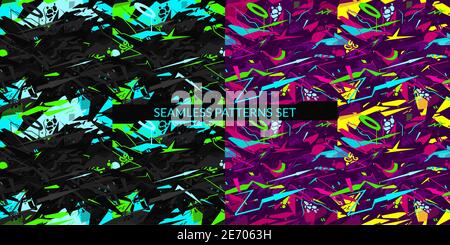 Seamless Cyberpunk Neon Abstract Graffiti Style Patterns Set Vector Illustration Arte Illustrazione Vettoriale