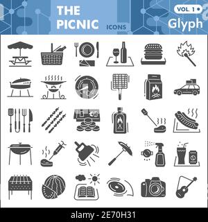 Insieme di icone piene per picnic, collezione di simboli per il tempo libero estivo o schizzi. Cartelli in stile glifo da campeggio e da esterni per web e app. Grafica vettoriale isolata Illustrazione Vettoriale