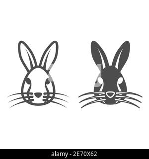 Linea della testa di coniglio e icona solida, concetto di animali, simbolo della testa lepre su sfondo bianco, icona della silhouette del viso conigliato in stile outline per il concetto mobile Illustrazione Vettoriale