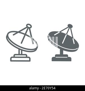 Linea telescopica radio e icona solida, concetto di spazio, segno di parabola satellitare su sfondo bianco, icona antenna satellitare in stile contorno per dispositivi mobili Illustrazione Vettoriale