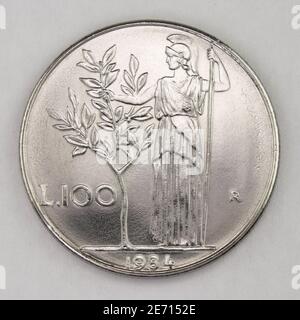 100 Lire 1984, moneta vecchia lira italiana, fronte, Italia, annata Foto Stock