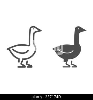 Linea d'oca e icona solida, Farm Animals Concept, segno di uccelli domestici su sfondo bianco, icona di silhouette dell'oca in stile outline per il concetto mobile e. Illustrazione Vettoriale