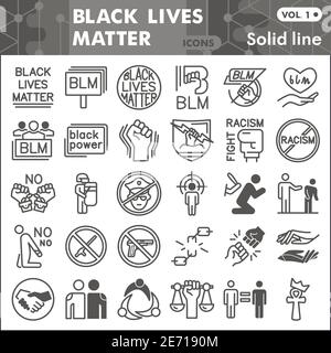 Black Lives Matter line Icon Set, No Racism simboli raccolta o schizzi. Segni di stile lineare BLM per web e app. Grafica vettoriale isolata in bianco Illustrazione Vettoriale