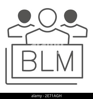 Gruppo di persone con testo BLM icona sottile linea, Black Lives materia concetto, gruppo di persone multietniche segno su sfondo bianco, protesta contro il razzismo Illustrazione Vettoriale