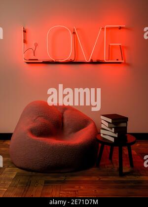 piccolo angolo lettura con un puff e un piccolo tavolo con libri. Scena illuminata con un cartello al neon con la parola "AMORE". rendering 3d Foto Stock