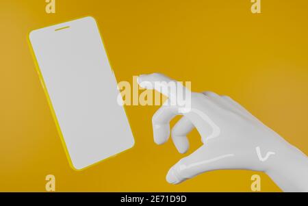 mano di plastica bianca lucida che punta a un telefono cellulare giallo con uno schermo vuoto davanti a uno sfondo giallo. rendering 3d Foto Stock