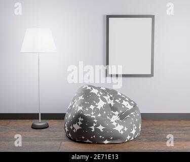 mockup con una lampada in pelle illuminante e un pouf per sedersi all'interno di una casa. rendering 3d Foto Stock